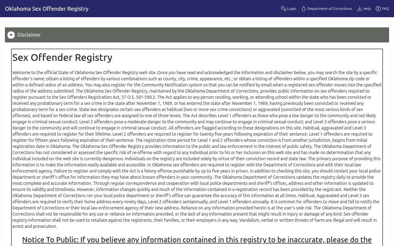 Official Oklahoma registry photo channel for a Beckham County released offender